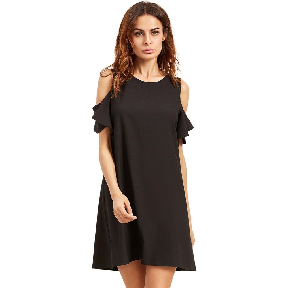 Summer Cold Shoulder Ruffle Sleeves Shift Dress Black L